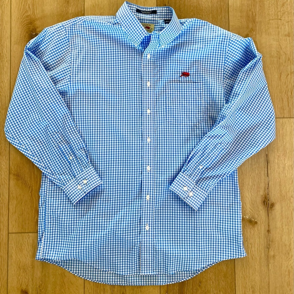 Cajun Clothing Company Shirt Men’s Large Blue Plaid Embroidered Crawfish Novelty
